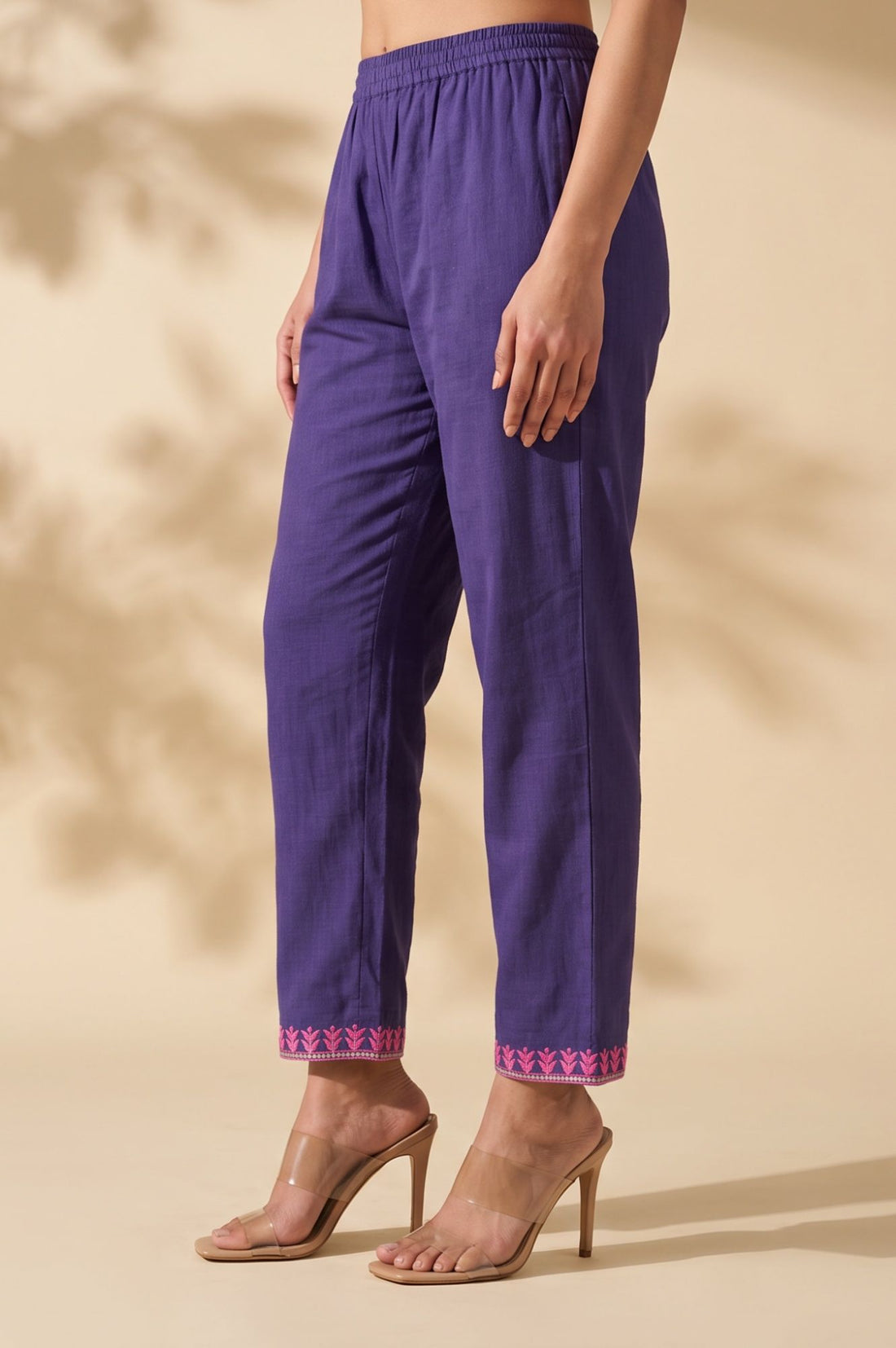 Purple Thread Embroidered Pure Cotton Straight Fit Ankle Length Trousers