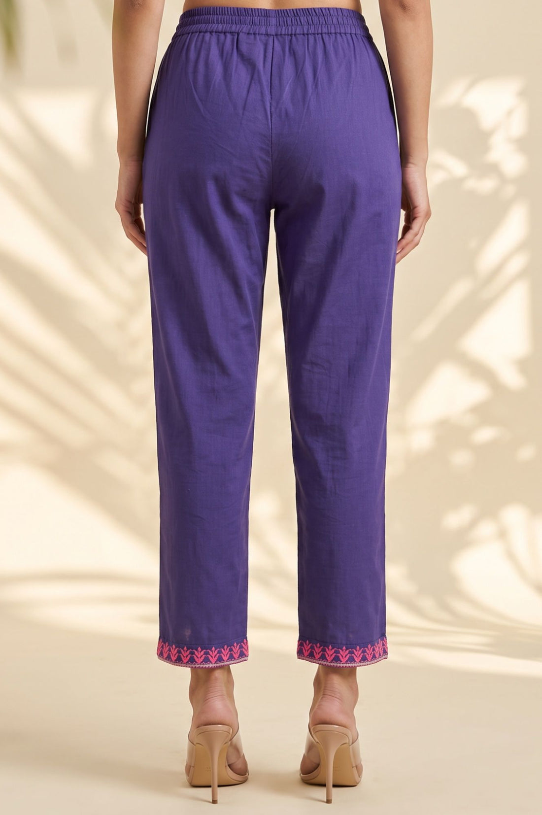 Purple Thread Embroidered Pure Cotton Straight Fit Ankle Length Trousers