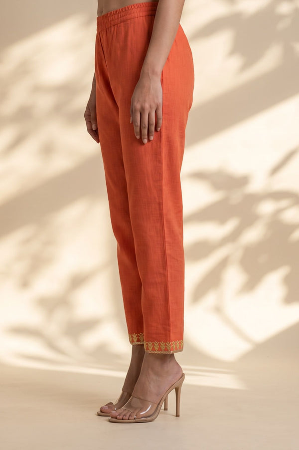 Orange Embroidered Pure Cotton Straight Fit Ankle Length Trousers