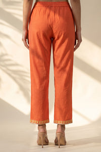 Orange Embroidered Pure Cotton Straight Fit Ankle Length Trousers