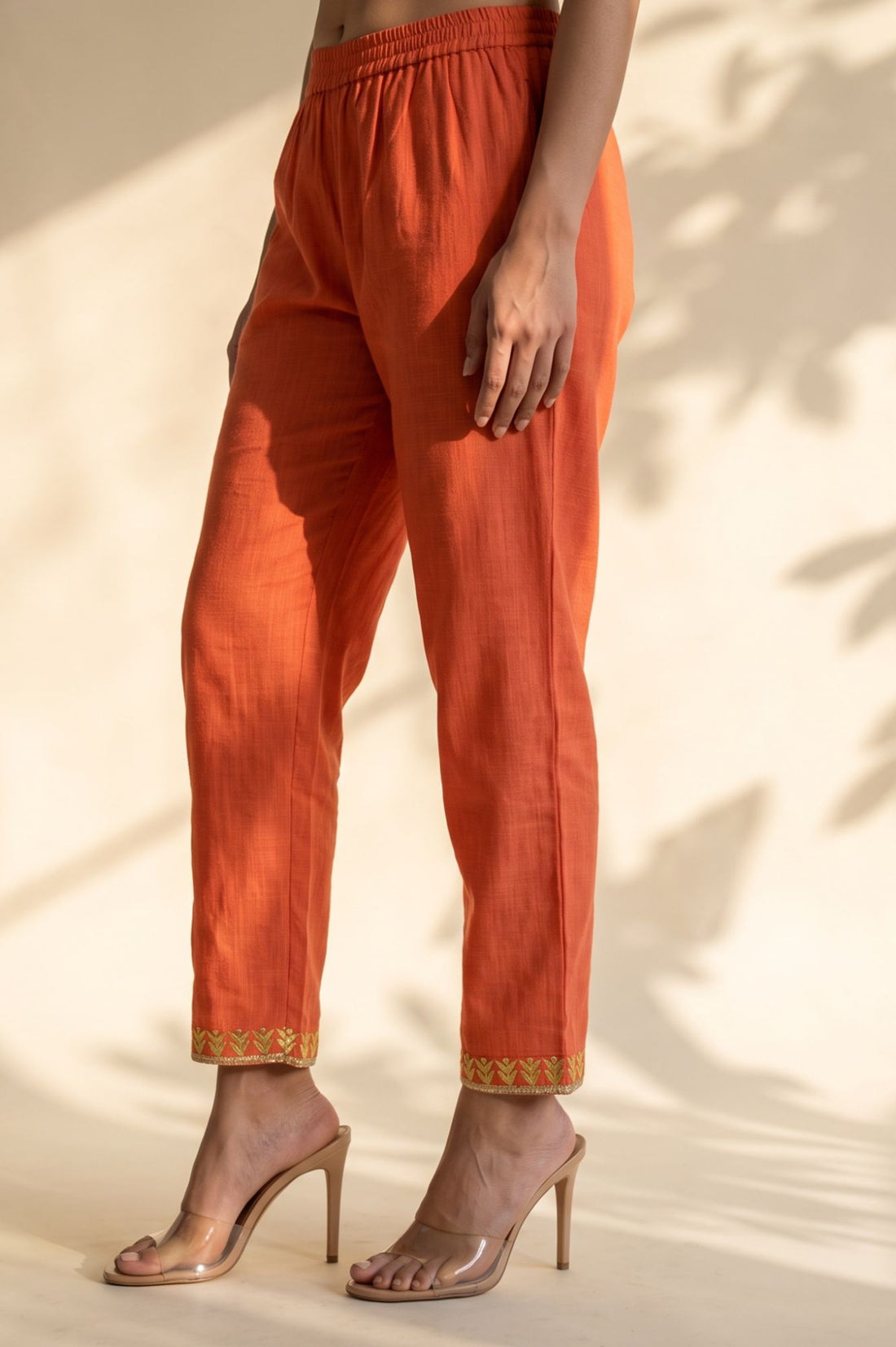Orange Embroidered Pure Cotton Straight Fit Ankle Length Trousers