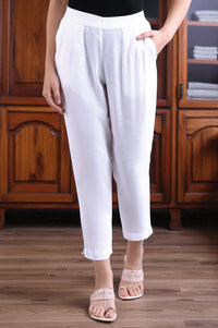 White Solid Women Cotton Flax Trousers