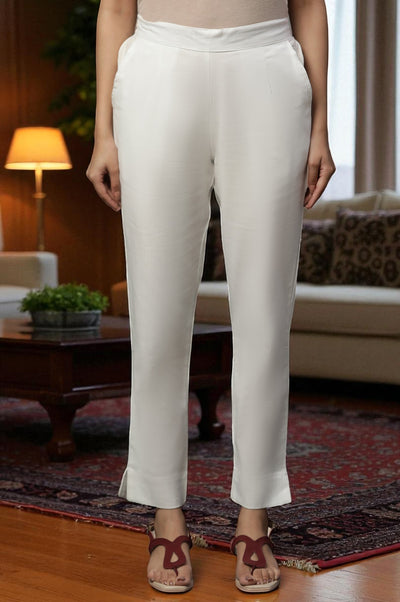 White Solid Cotton Flax Trouser Pants