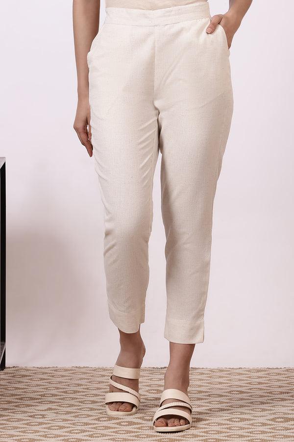 Off-White Solid Cotton Flax Everyday Trousers