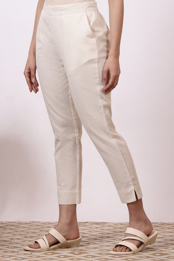 Off-White Solid Cotton Flax Everyday Trousers