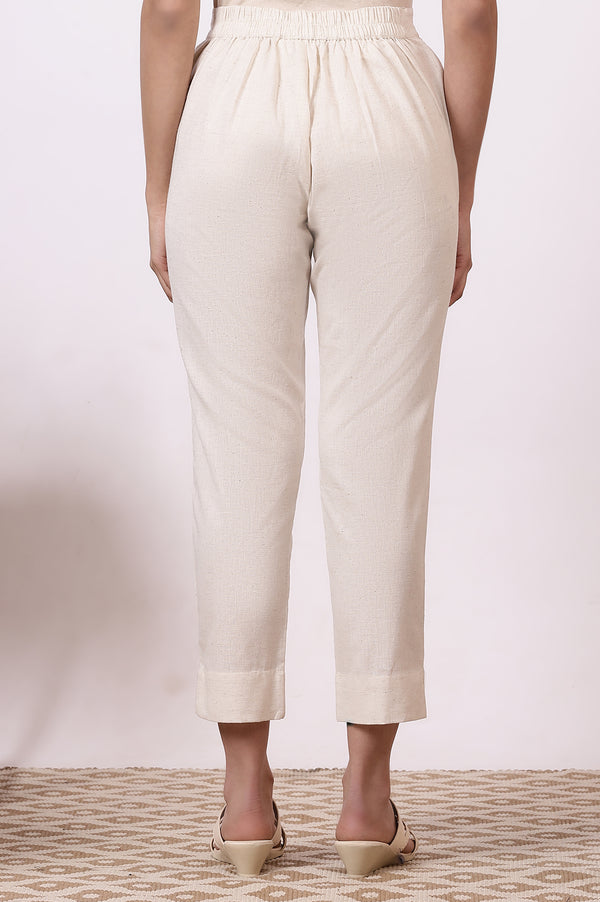 Off-White Solid Cotton Flax Everyday Trousers