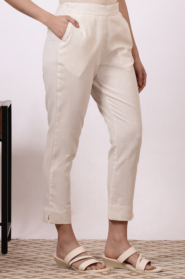 Off-White Solid Cotton Flax Everyday Trousers