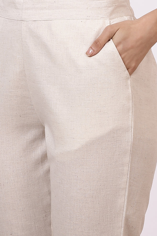Off-White Solid Cotton Flax Everyday Trousers