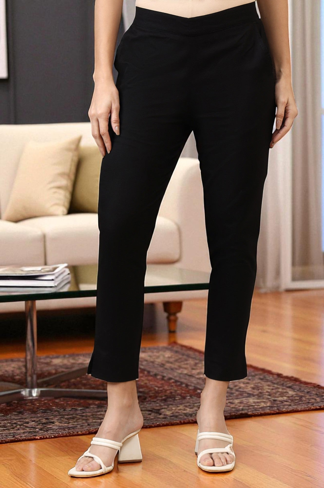 Black Solid Cotton Flax Everyday Trousers