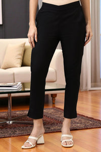 Black Solid Cotton Flax Everyday Trousers