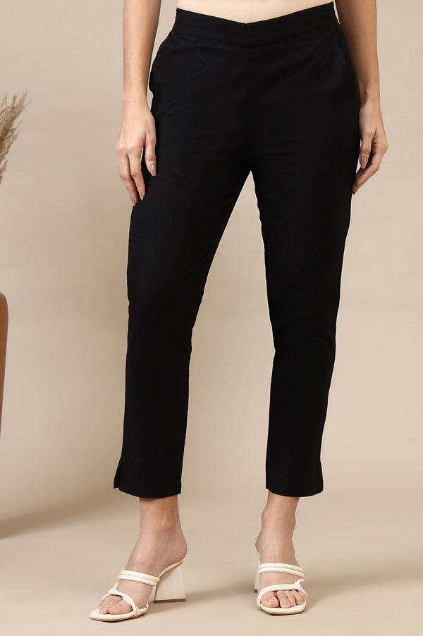 Elleven Women's Black Solid Cotton Flax Mid Rise Ankle Length Slim Fit Trouser
