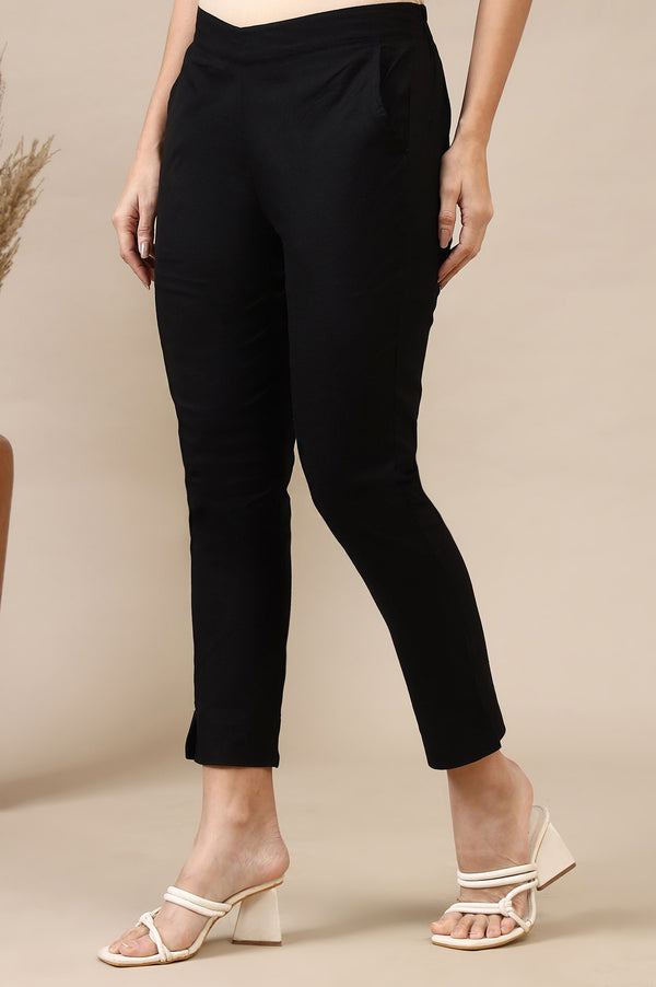 Elleven Women's Black Solid Cotton Flax Mid Rise Ankle Length Slim Fit Trouser