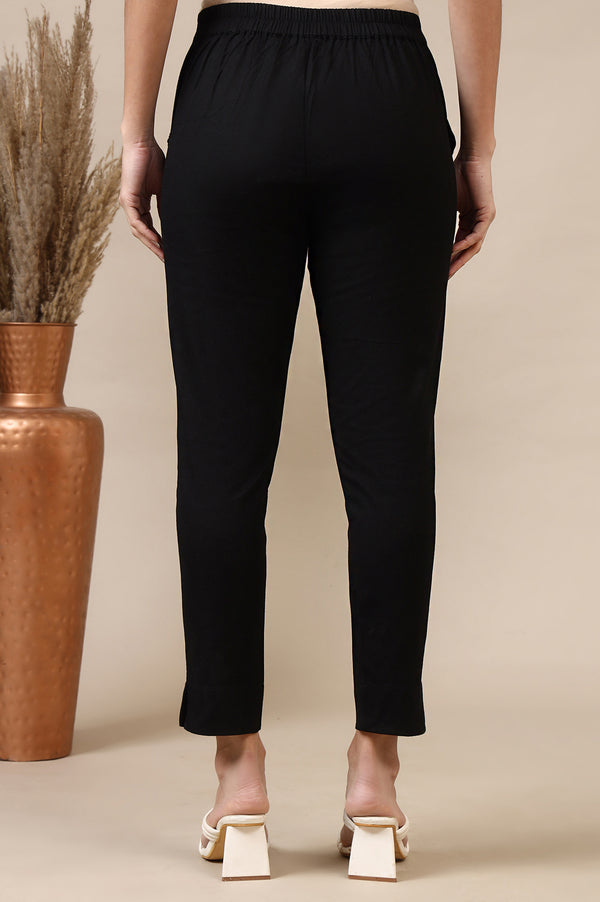 Elleven Women's Black Solid Cotton Flax Mid Rise Ankle Length Slim Fit Trouser