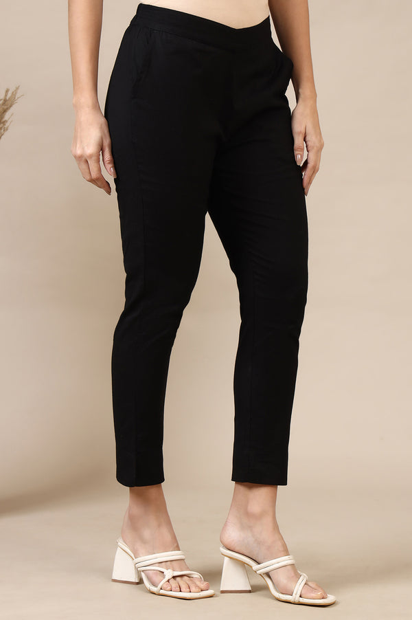 Elleven Women's Black Solid Cotton Flax Mid Rise Ankle Length Slim Fit Trouser