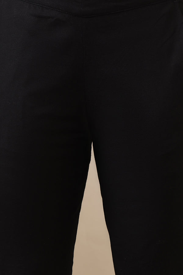 Elleven Women's Black Solid Cotton Flax Mid Rise Ankle Length Slim Fit Trouser