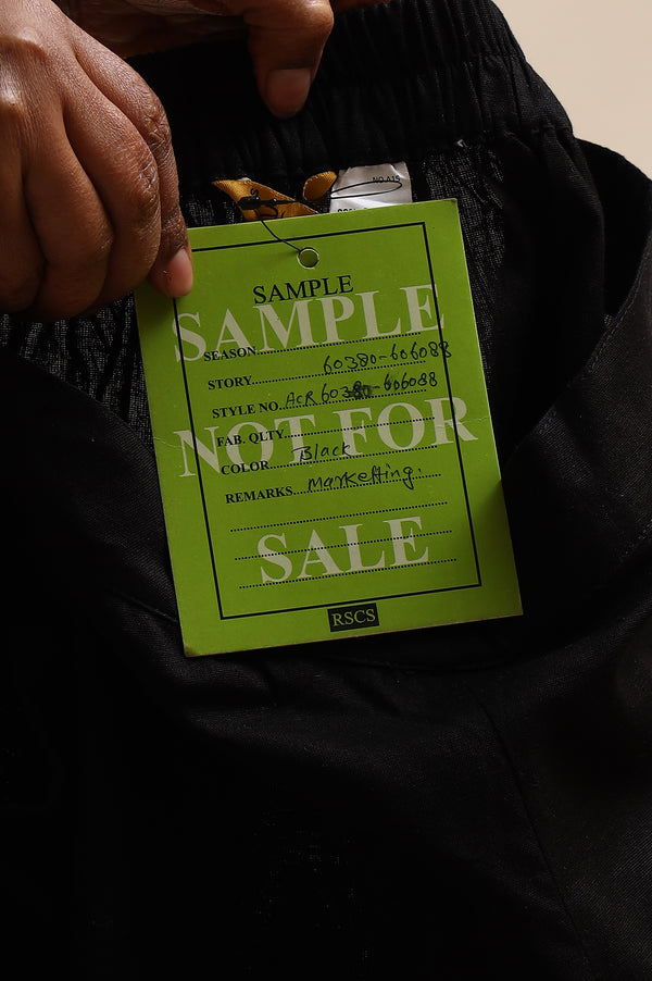 Black Solid Cotton Flax Everyday Trousers