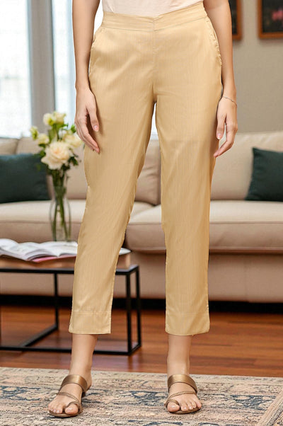 Gold Solid Straight Fit Ankle Length Trousers