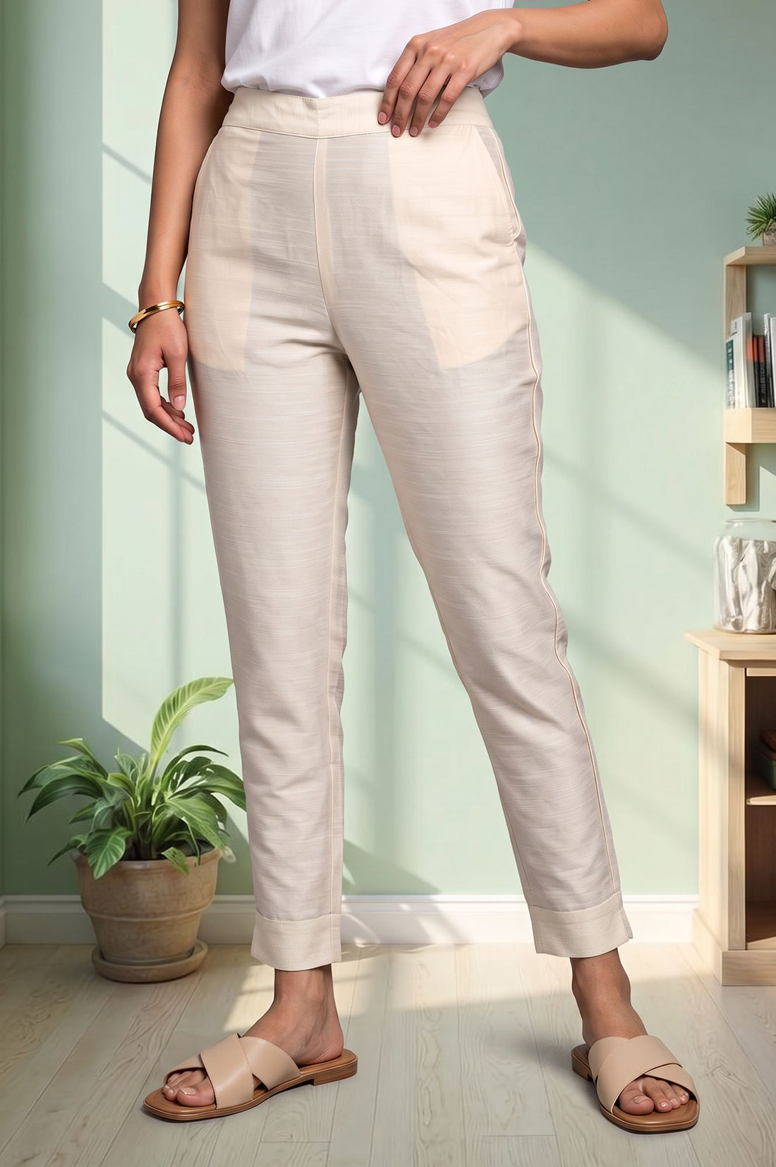 Off-White Yarn Dyed Solid Slim Fit Ankle Length Trousers