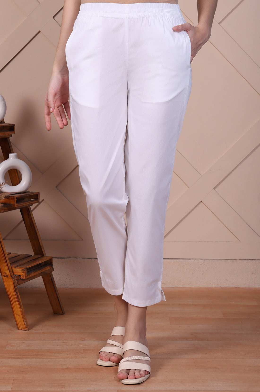 Buy White Straight Fit Cotton Blend Slim Pants Online for Woman