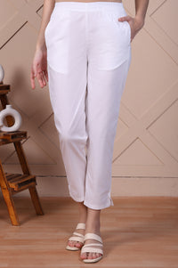 White Straight Fit Cotton Blend Slim Pants