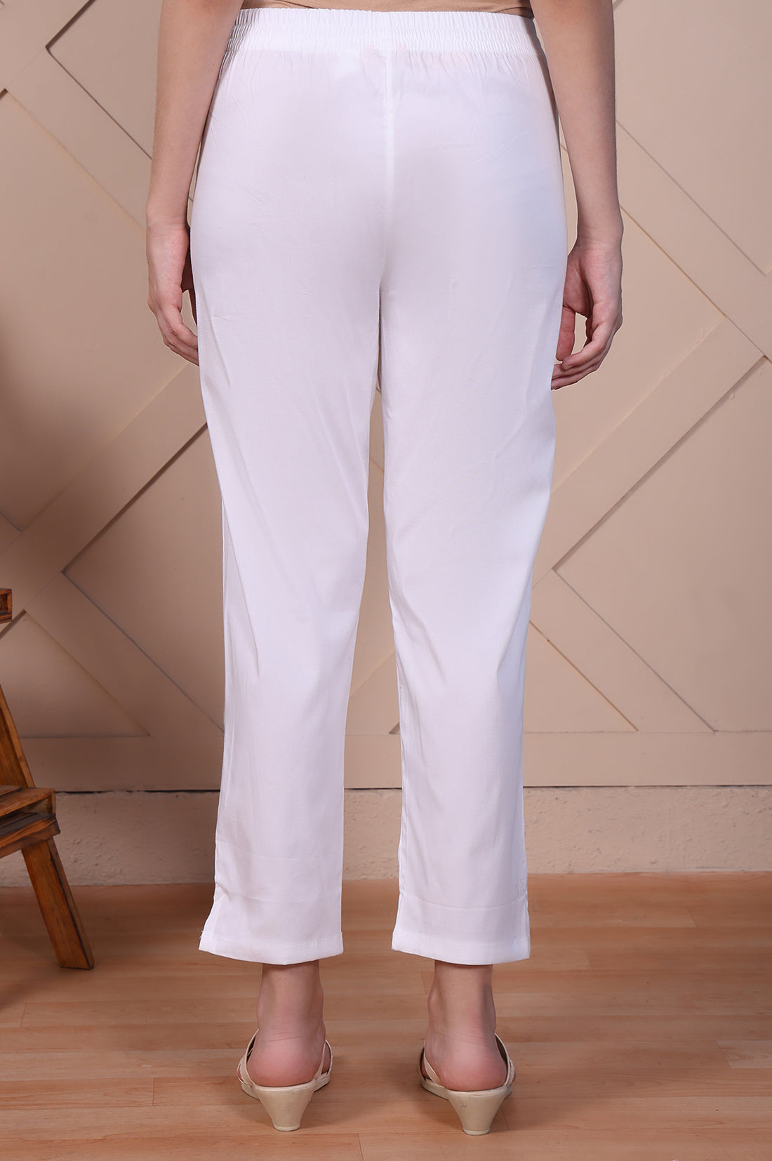 White Straight Fit Cotton Blend Slim Pants
