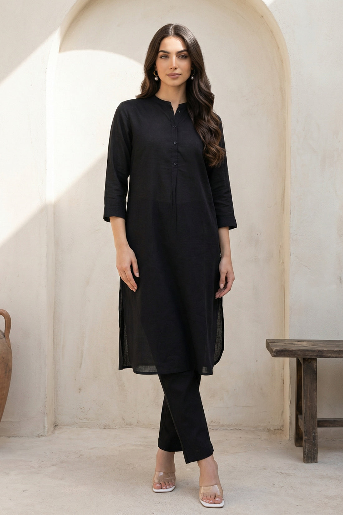 Black Solid Cotton Blend Straight Ankle Length Trousers