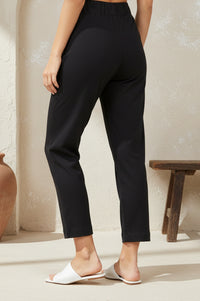 Black Solid Cotton Blend Straight Ankle Length Trousers