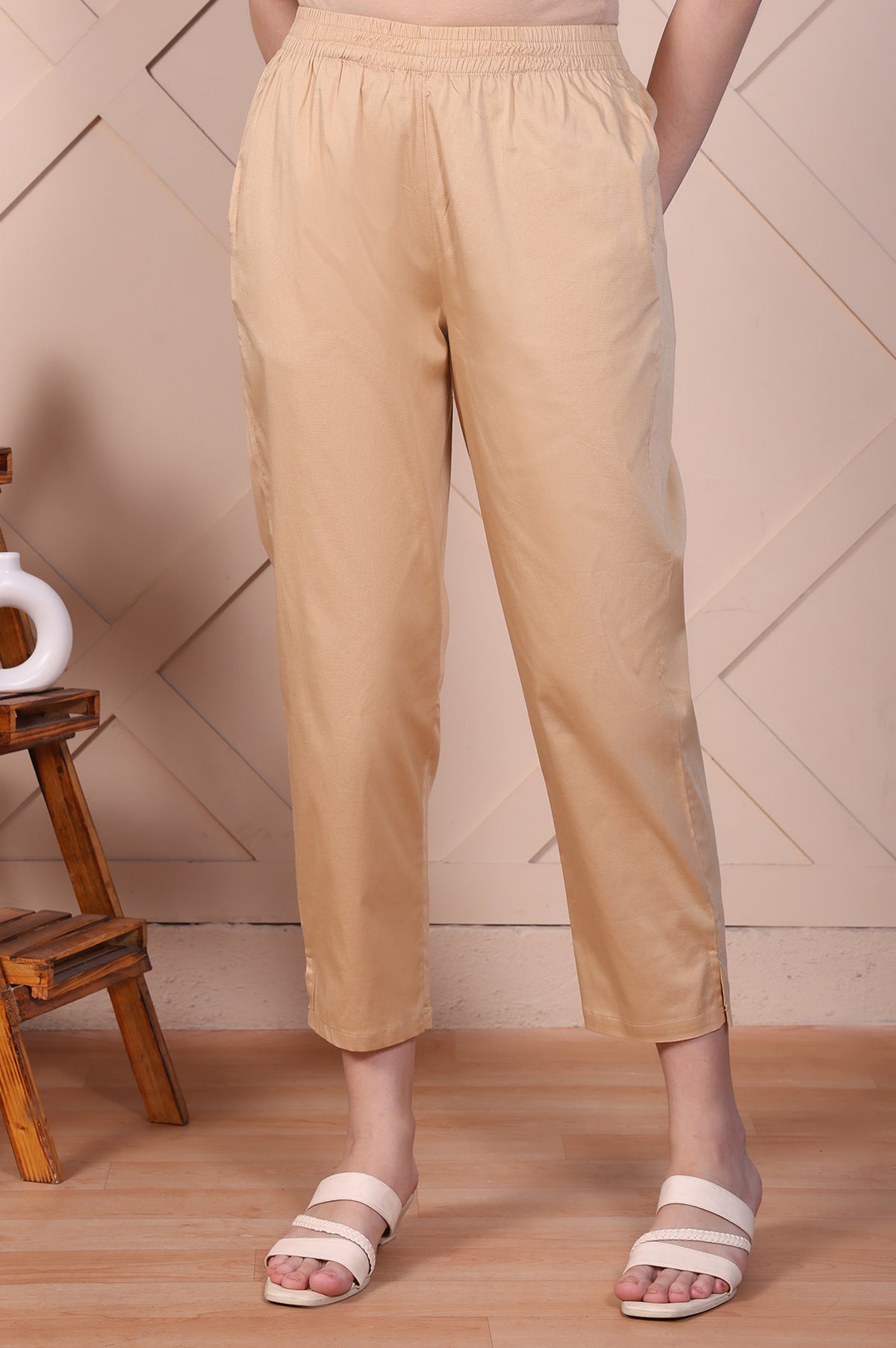 Beige Straight Fit Cotton Blend Slim Pants - S