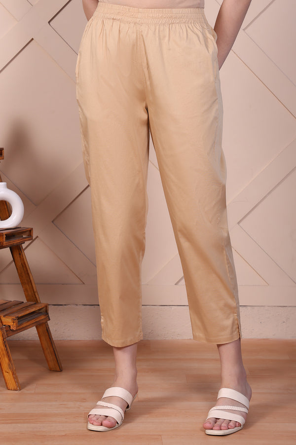Beige Straight Fit Cotton Blend Slim Pants