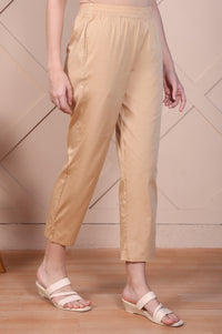 Beige Straight Fit Cotton Blend Slim Pants