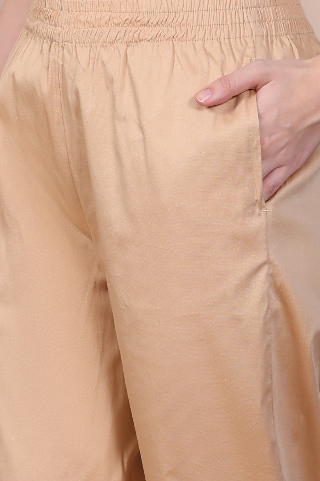 Beige Straight Fit Cotton Blend Slim Pants