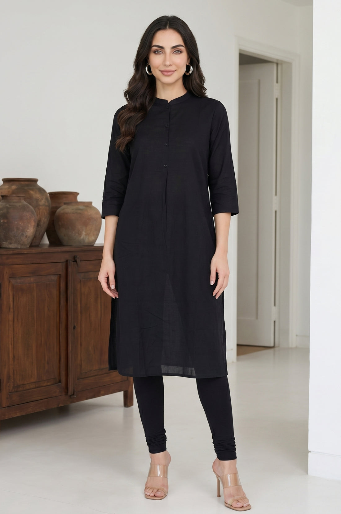 Black Solid Cotton Blend Skinny Fit Ankle Length Leggings