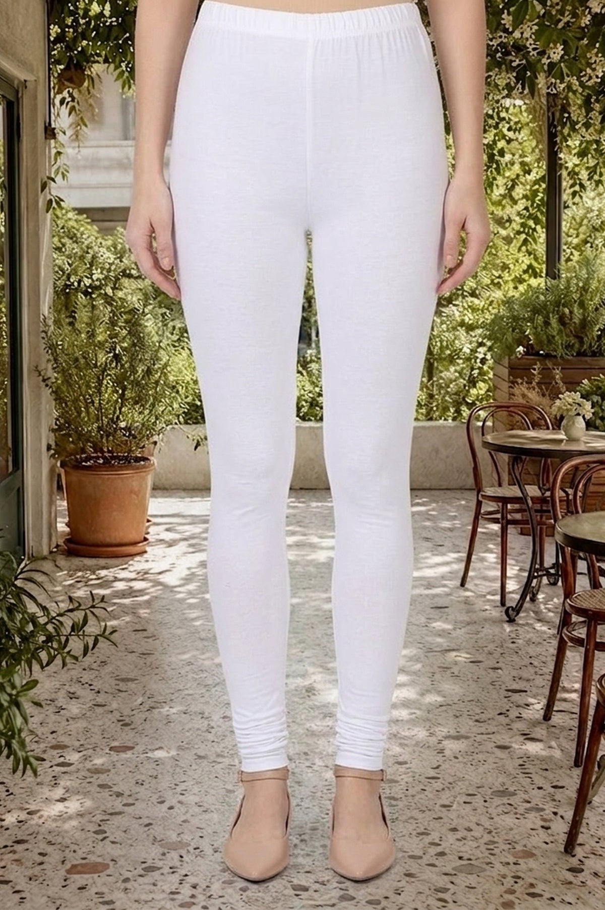 White Solid Cotton Blend Skinny Fit Ankle Length Leggings - FS
