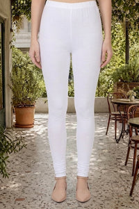 White Solid Cotton Blend Skinny Fit Ankle Length Leggings
