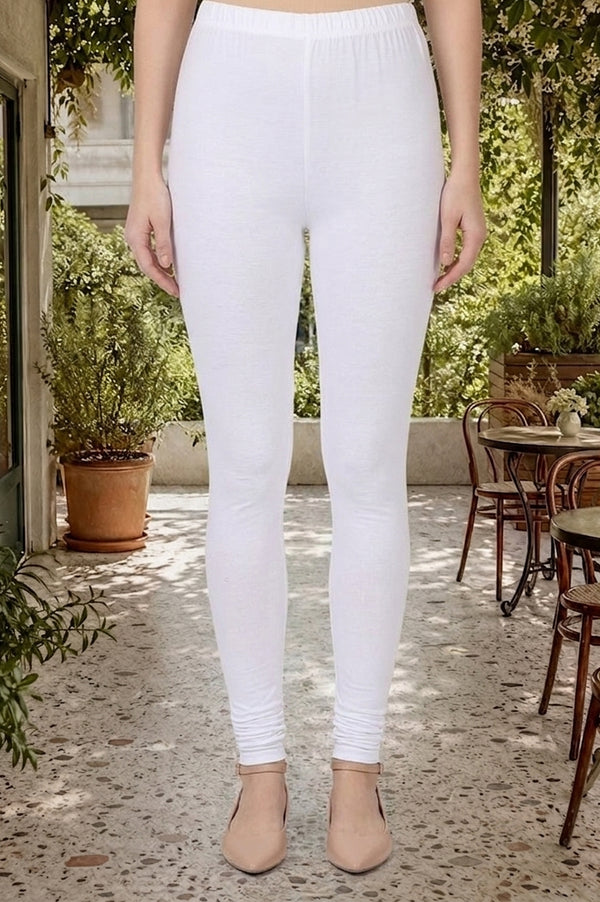 White Solid Cotton Blend Skinny Fit Ankle Length Leggings