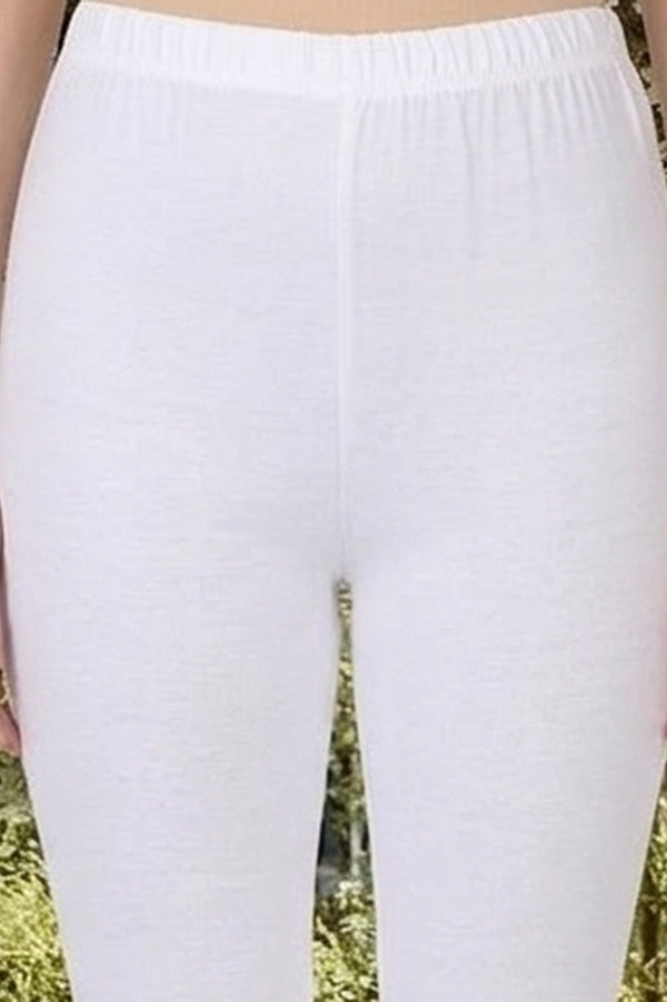White Solid Cotton Blend Skinny Fit Ankle Length Leggings