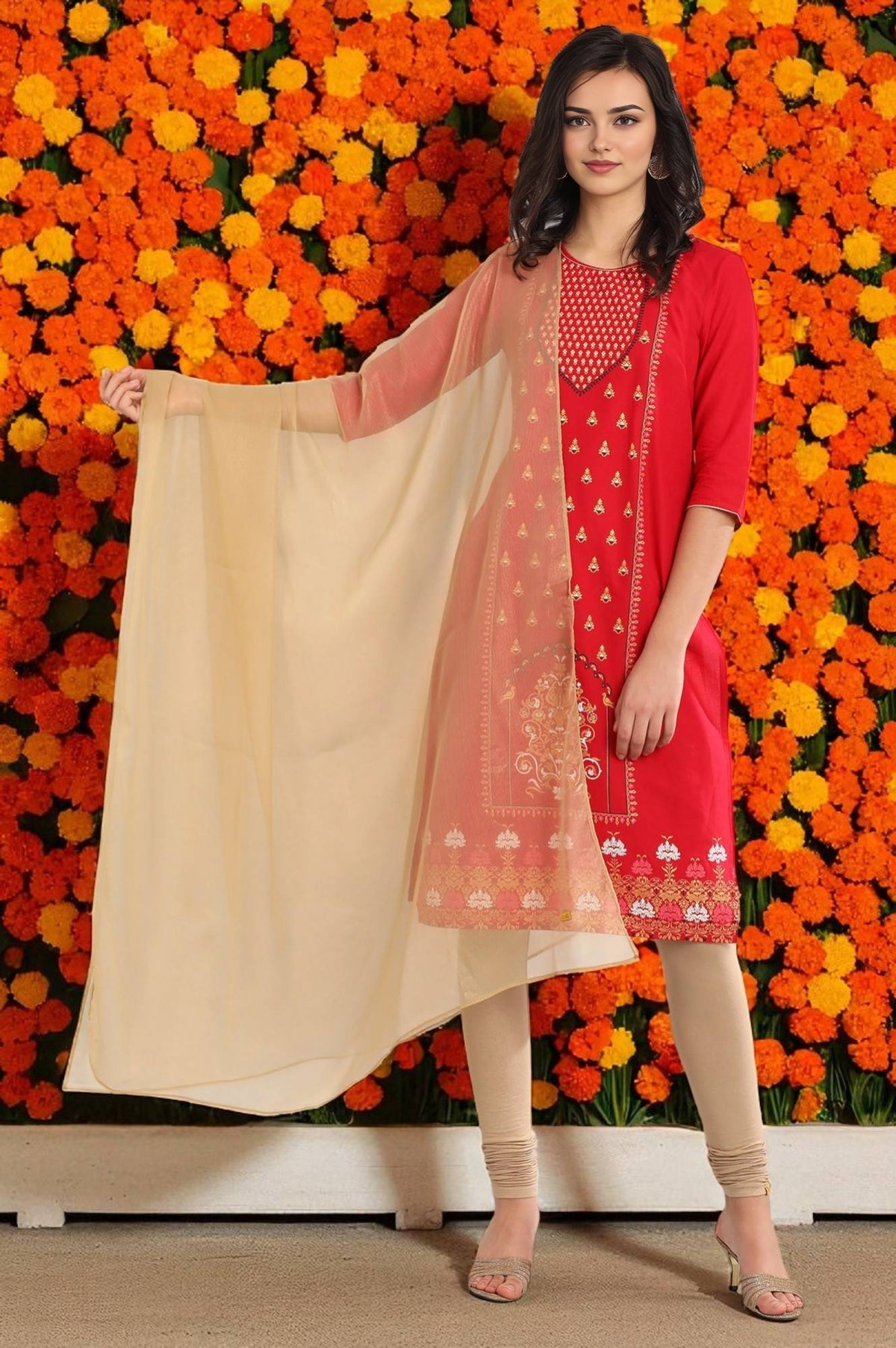 Gold Solid Ethnic Printed Woven Dupatta - Free Size