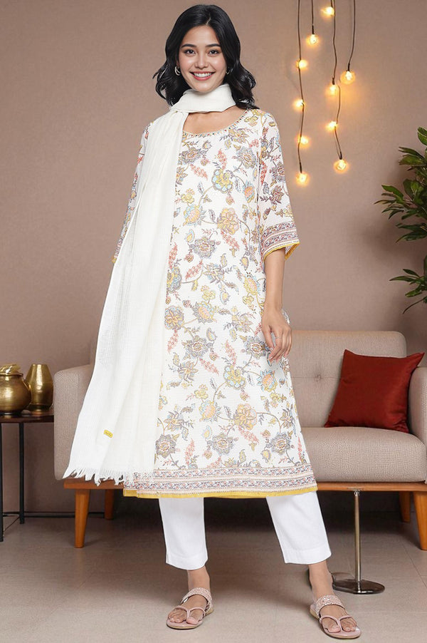 Off White Printed Pure Cotton Dupatta