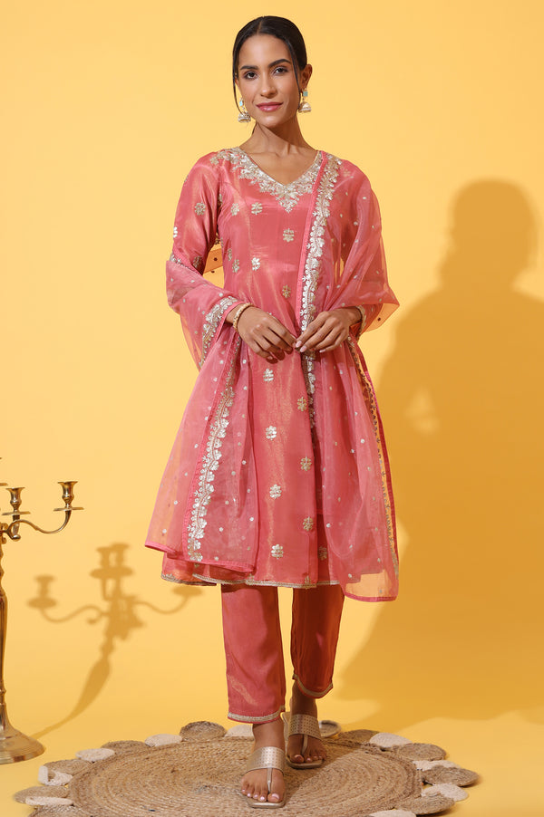 Coral Pink Zari Embroidered Anarkali Kurta, Trousers and Dupatta Set