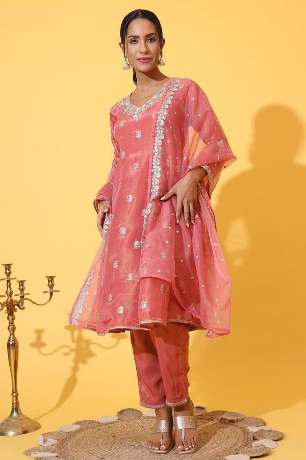 Coral Pink Zari Embroidered Anarkali Kurta, Trousers and Dupatta Set