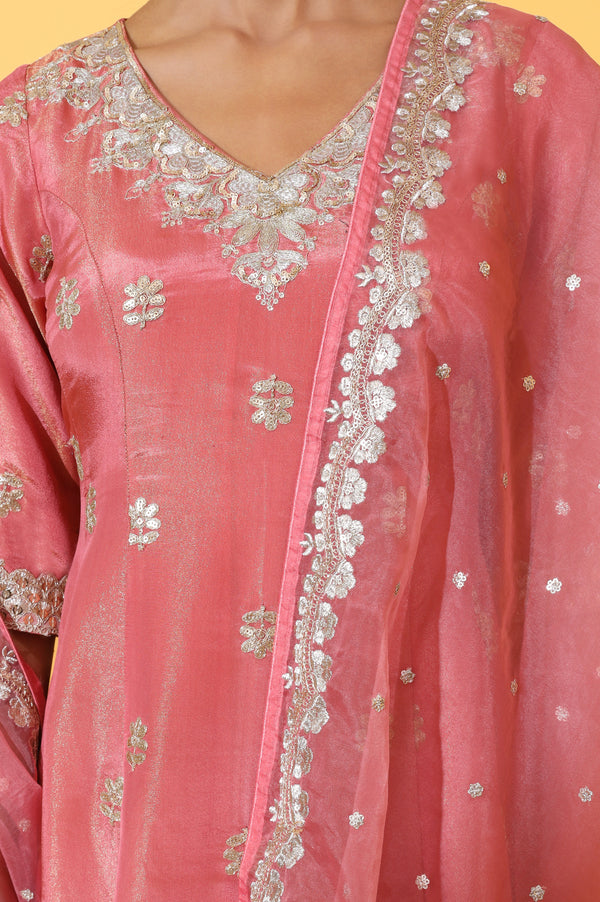 Coral Pink Zari Embroidered Anarkali Kurta, Trousers and Dupatta Set