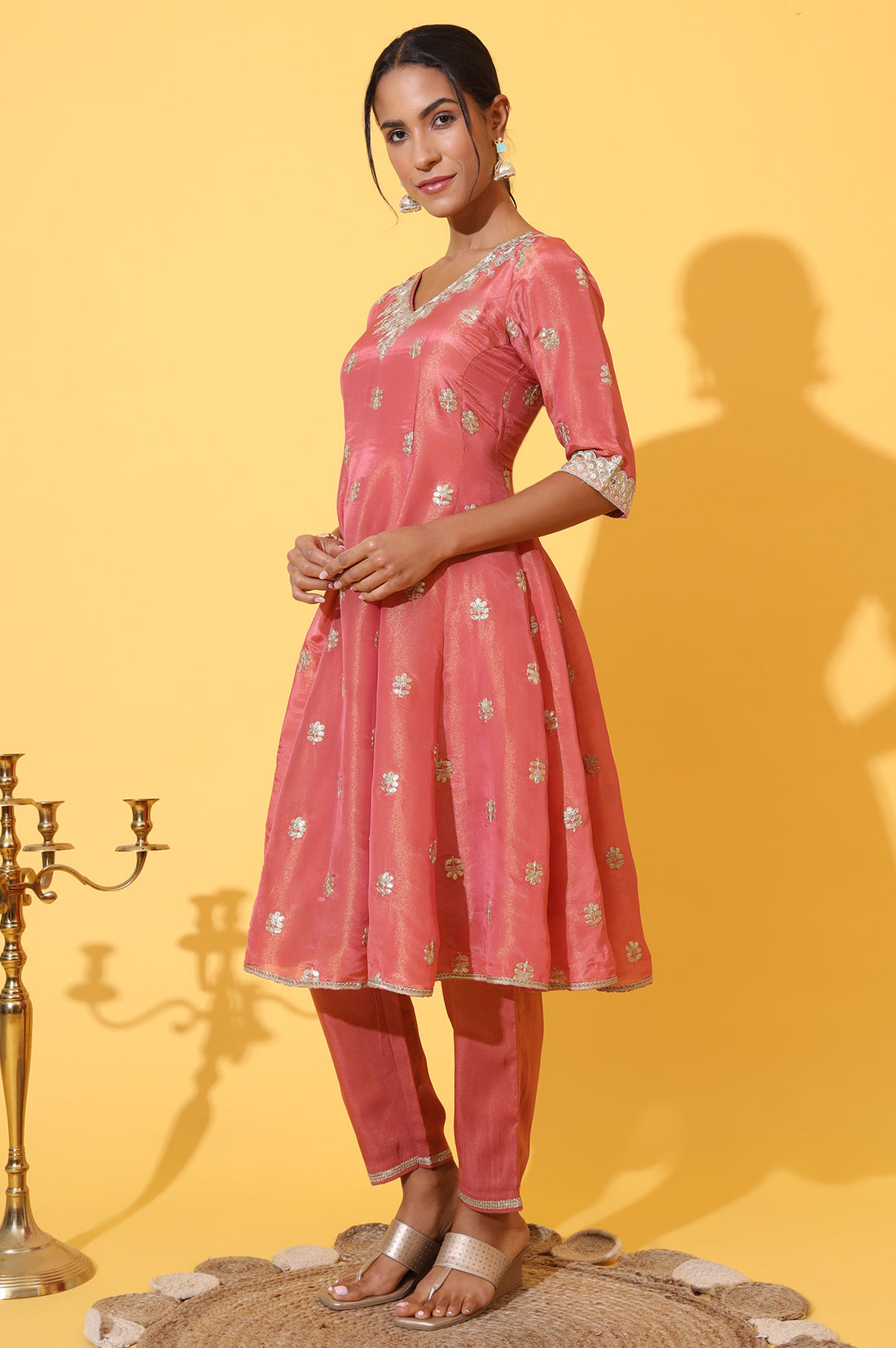 Coral Pink Zari Embroidered Anarkali Kurta, Trousers and Dupatta Set