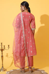 Coral Pink Zari Embroidered Anarkali Kurta, Trousers and Dupatta Set