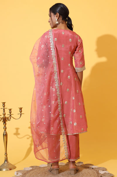Coral Pink Zari Embroidered Anarkali Kurta, Trousers and Dupatta Set