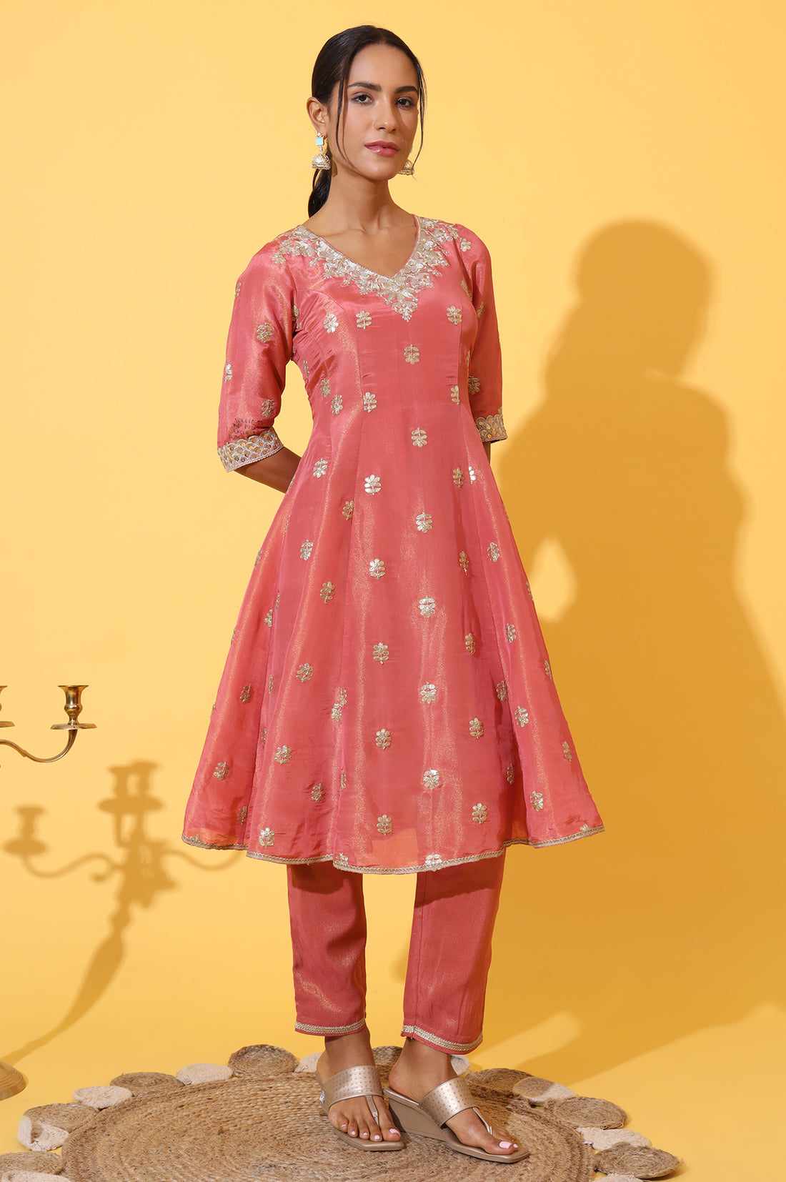 Coral Pink Zari Embroidered Anarkali Kurta, Trousers and Dupatta Set