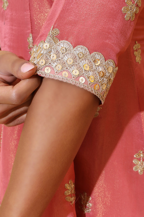 Coral Pink Zari Embroidered Anarkali Kurta, Trousers and Dupatta Set