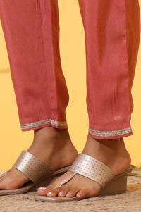 Coral Pink Zari Embroidered Anarkali Kurta, Trousers and Dupatta Set