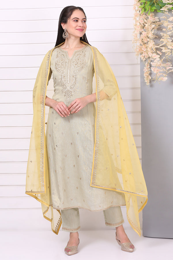 Pista Green Zari Embroidered Anarkali Festive Kurta, Trousers and Dupatta Set