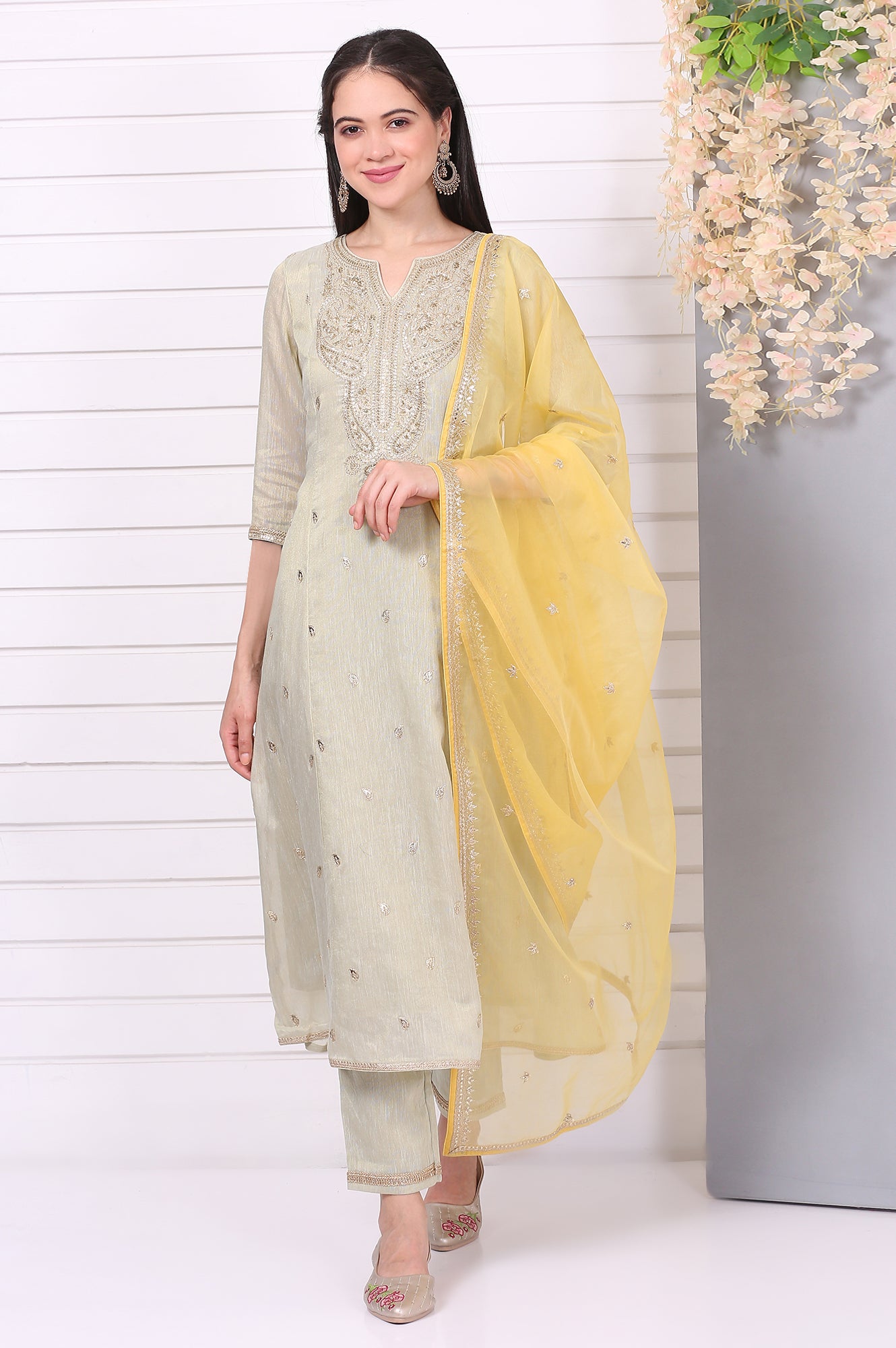 Pista Green Zari Embroidered Anarkali Festive Kurta, Trousers and Dupatta Set