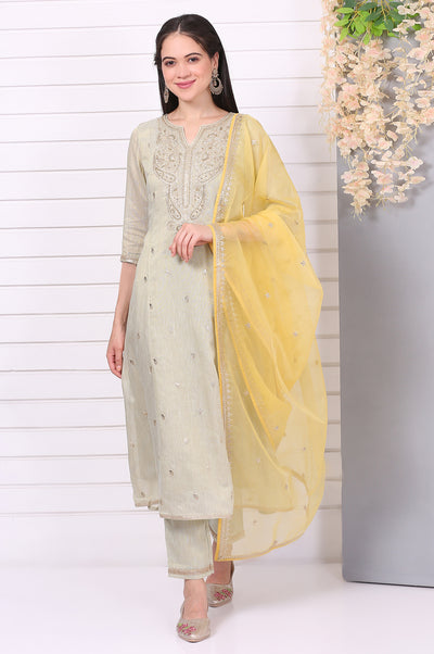 Pista Green Zari Embroidered Anarkali Festive Kurta, Trousers and Dupatta Set